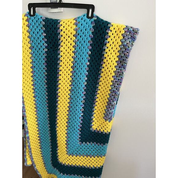 Afghan Throw Blanket Handmade Yellow Blue Purple Green Cottagecore Rustic - Picture 2 of 6